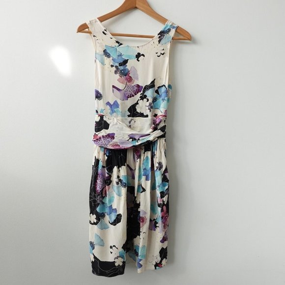 Floral Silk Dress Size Small White Mini Botanical Ruffle‎ Cross Back Sheer Boho - Picture 1 of 16